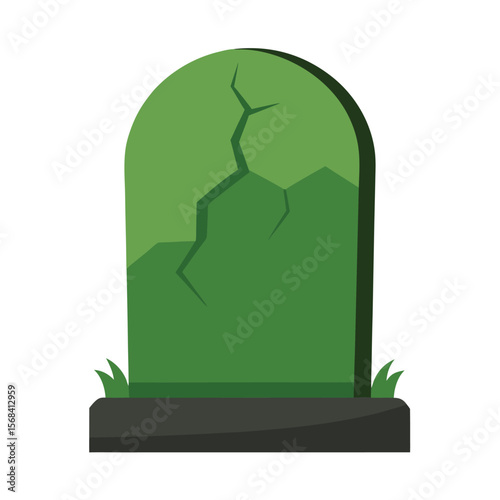 Cracked green tombstone with grass for Halloween illustration art