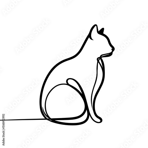 Minimalist line art of cat sitting in profile view  