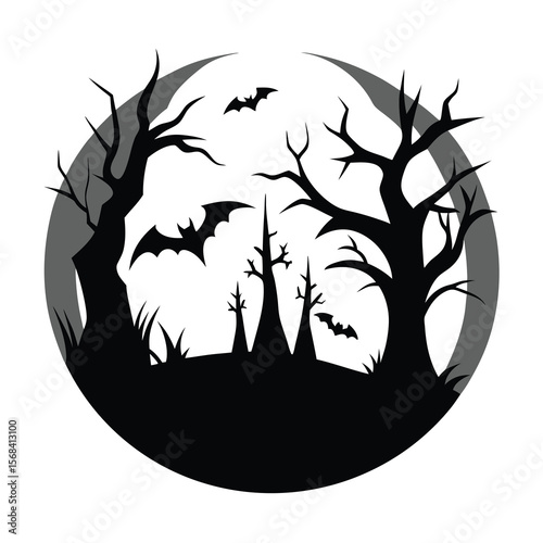 Spooky Halloween Night Scene with Bats and Bare Trees