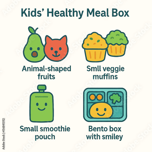 A colorful illustration showcasing a healthy meal box with fruits, muffins, smoothie, and a bento.