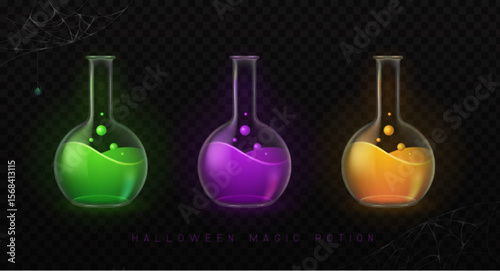 Set of mystery magic laboratory flasks or chemistry measuring glass tubes  with colorful potion and spider web isolated on black background. Vector illustration