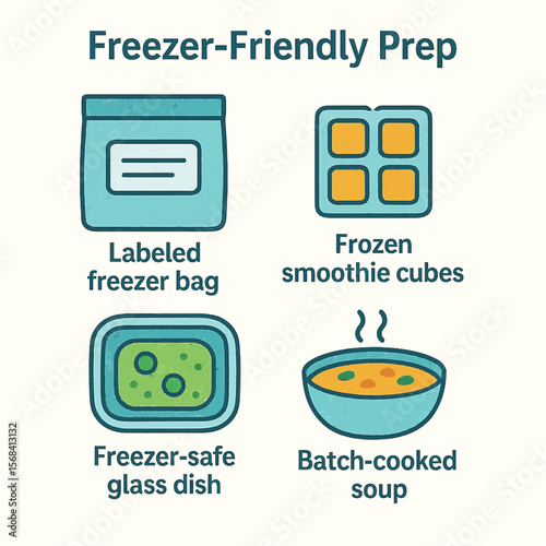 Illustrated guide showcasing freezer-friendly food storage and meal preparation techniques.