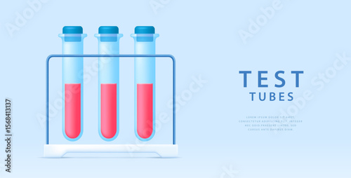 Set of  laboratory flasks or chemistry measuring glass tubes with red reagents isolated on blue background. Vector illustration