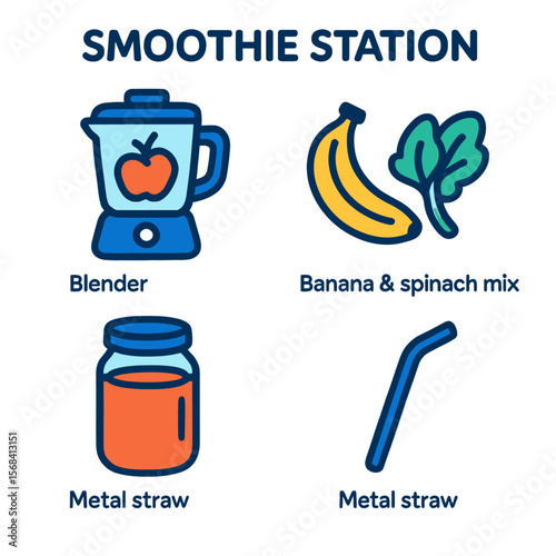 A smoothie station graphic featuring a blender with an apple, banana and spinach, and a metal straw.
