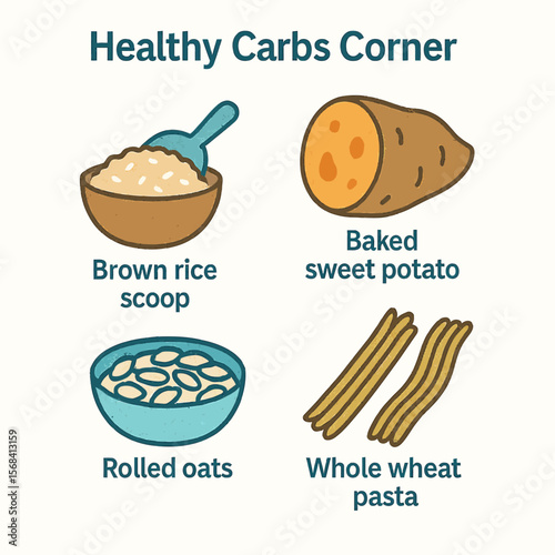 Illustration showcasing healthy carbohydrate sources, including rice, sweet potato, oats, and pasta.