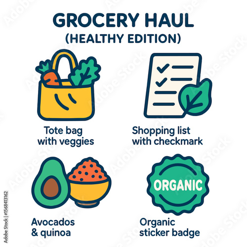 Grocery haul infographic showcasing healthy food items, shopping list, and organic badge.