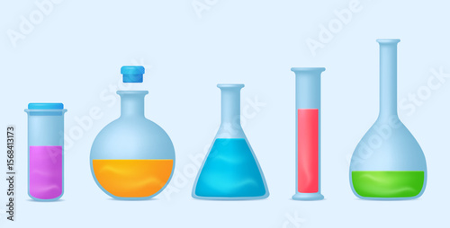 Set of  laboratory flasks or chemistry measuring glass tubes with color reagents isolated on white background. Vector illustration