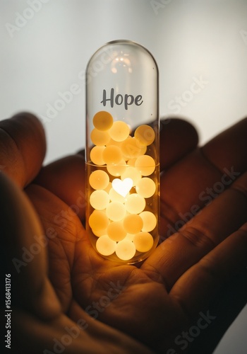 Hand holding glass capsule with glowing capsules labeled ‘Hope’  