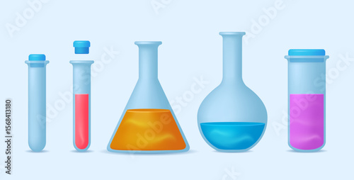 Set of  laboratory flasks or chemistry measuring glass tubes with color reagents isolated on white background. Vector illustration