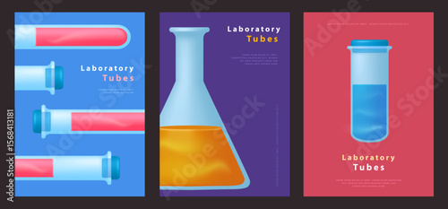 Set of magazine covers or posters with different laboratory tubes. Document template. Vector illustration