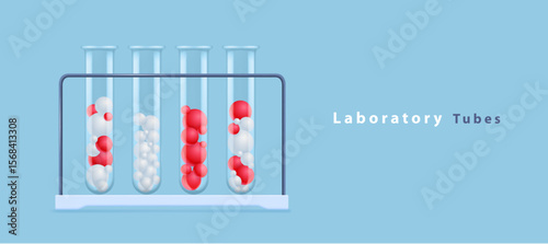 Laboratory flasks or chemistry measuring glass tubes with white and red molecules or spheres isolated on blue background. Vector illustration
