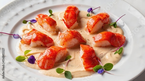 Succulent lobster medallions with cream sauce and microgreens on elegant white plate