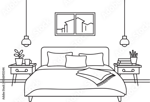 A clean simple line drawing depicts a modern bedroom interior.