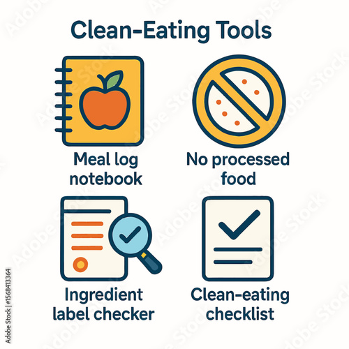 Four clean-eating tools depicted as icons, including a meal log notebook, no processed food symbol, ingredient label checker, and clean-eating checklist.
