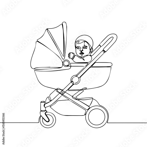 Baby in stroller smiling and waving with a blanket in monochrome style  