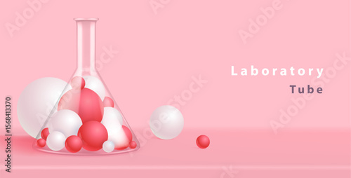 Laboratory flask or chemistry measuring glass tube with white and red molecules or spheres isolated on pink background. Vector illustration