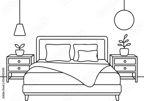 Line art outline drawing of a modern minimalist bedroom interior with furniture