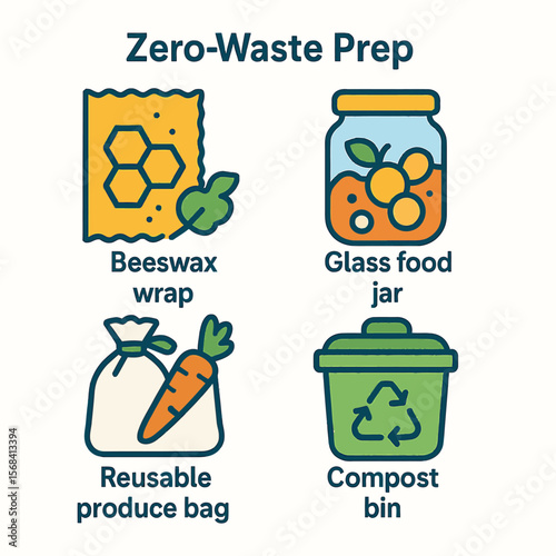 Zero-waste preparation methods illustrated with beeswax wraps, glass jars, reusable produce bags, and compost bins.