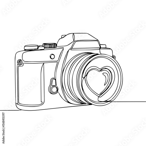 Line art camera illustration with heart-shaped lens design  