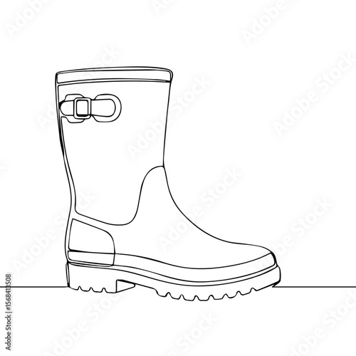 Outline of rubber rain boot with buckle detail on white background  