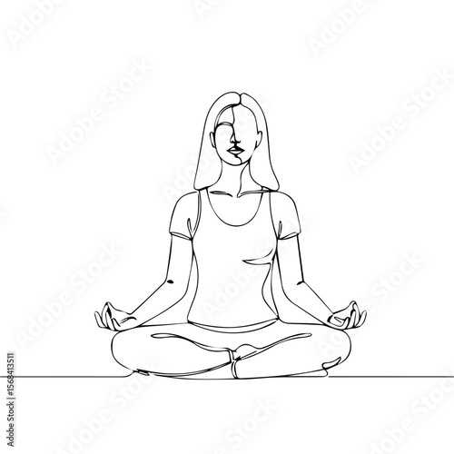 Woman meditating in a calm pose with a minimalist outline style  