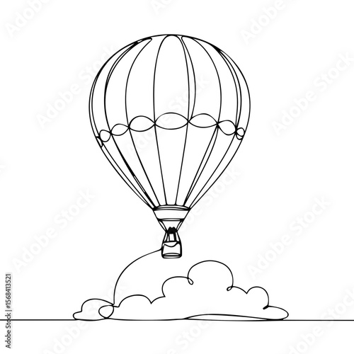 Hot air balloon flying above clouds in minimalist line art style  