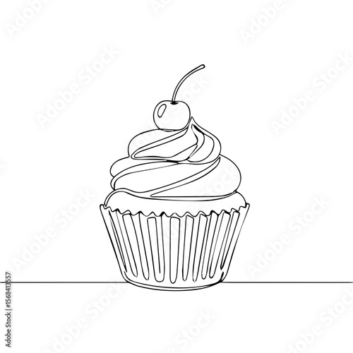 Outline of a cupcake with cherry topping in minimal style  