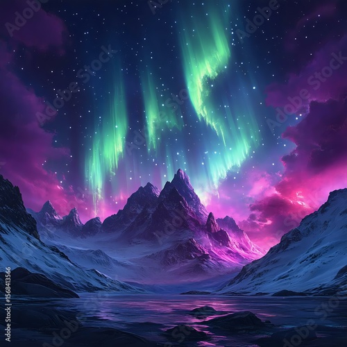 Stunning northern lights over majestic mountains, reflecting in still water, creating a surreal and colorful landscape at night.