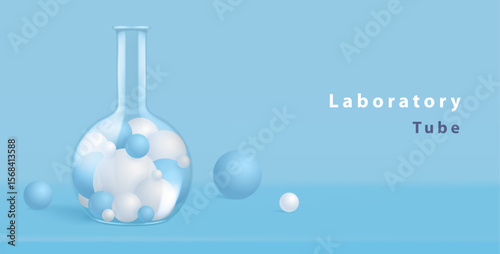 Laboratory flask or chemistry measuring glass tube with white and blue molecules or spheres isolated on blue background. Vector illustration