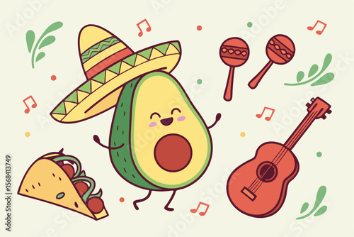 avocado,taco,chili pepper,pepper,guitar,sombrero,maracas,colorful,vibrant,cartoon,smiling,musical instruments,mexican,latin american,digital art