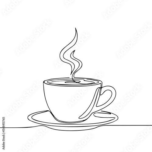 Simple line drawing of a steaming coffee cup on a saucer  