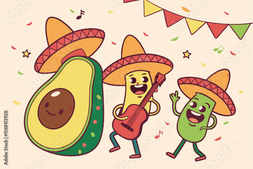 avocado,taco,chili pepper,pepper,guitar,sombrero,maracas,colorful,vibrant,cartoon,smiling,musical instruments,mexican,latin american,digital art