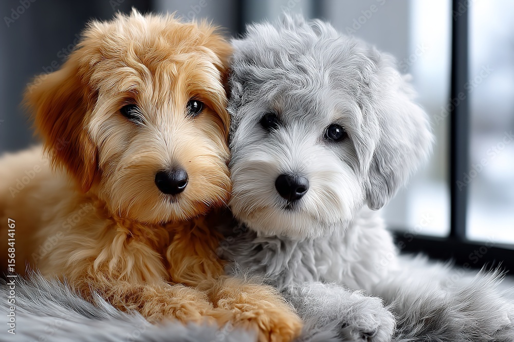 Two adorable puppies snuggling together indoors on a cozy blanket in a bright, modern living space Two adorable puppies snuggling together indoors on a cozy blanket in a bright, modern living space