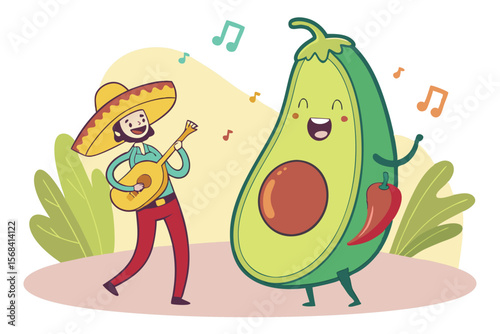 avocado,taco,chili pepper,pepper,guitar,sombrero,maracas,colorful,vibrant,cartoon,smiling,musical instruments,mexican,latin american,digital art