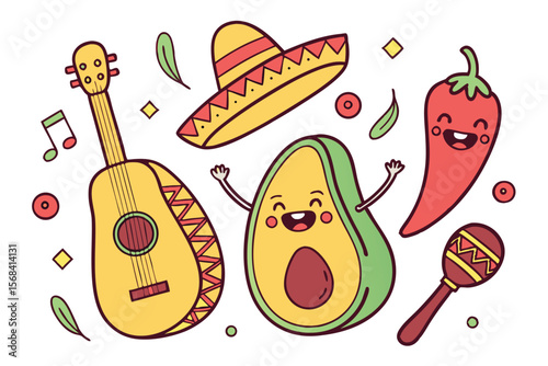 avocado,taco,chili pepper,pepper,guitar,sombrero,maracas,colorful,vibrant,cartoon,smiling,musical instruments,mexican,latin american,digital art