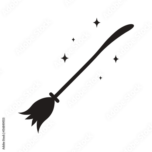 Simple Witch Broom Silhouette with Stars for Halloween Designs