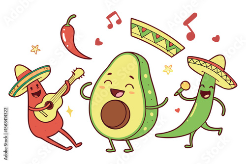 avocado,taco,chili pepper,pepper,guitar,sombrero,maracas,colorful,vibrant,cartoon,smiling,musical instruments,mexican,latin american,digital art