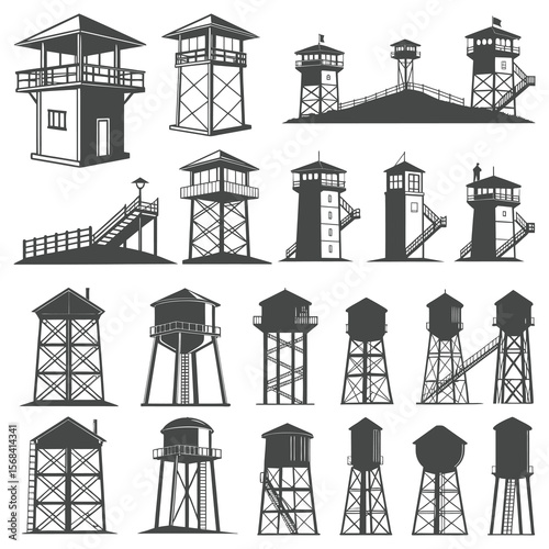 Vector Set of Watchtower and Water Tower Silhouette Icons for Design
