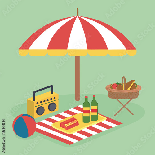 Picnic Scene with Umbrella, Blanket, Food, and Radio