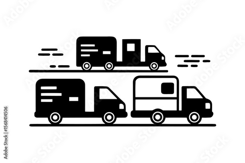 Minimalist Delivery Truck Vector Icon Set Black and White Transportation and Shipping Symbols with Motion Effects