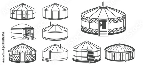 Vector Set of Yurt Silhouette Icons for Nomadic and Traditional Design
