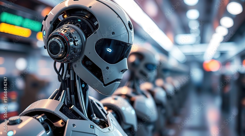 Fototapeta premium Advanced Robots in Futuristic Factory.