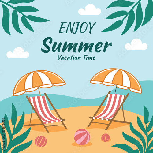 Summer Beach Scene with Lounge Chairs and Beach Balls