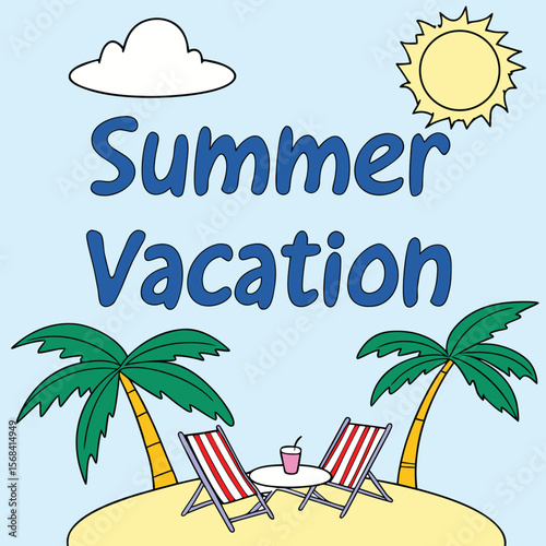 Summer Vacation Illustration with Palm Trees and Beach Chairs