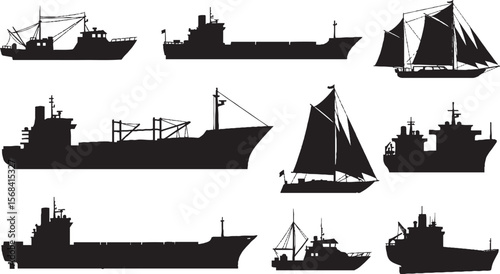 set of silhouettes of ships