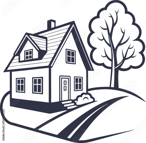 Charming House Illustration Suburban Home with Tree and Path