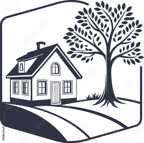 Charming Cottage House and Tree Black and White Illustration