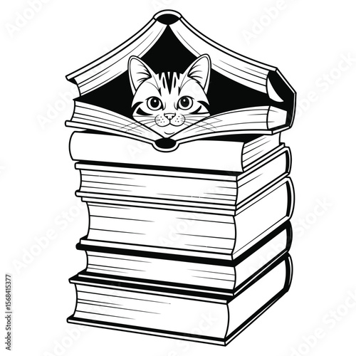 Black and white vector of a cat peeking out of book pages or sitting on a stack of books in curious and cozy pose