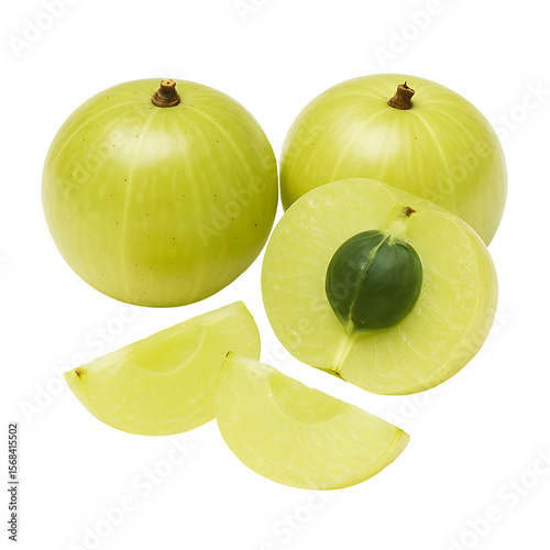 Whole and sliced indian gooseberries isolated on transparent background
