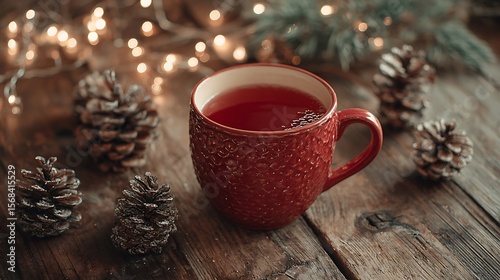 A cozy red mug of hot cider surrounded by pinecones and glowing fairy lights in a warm festive winter setting